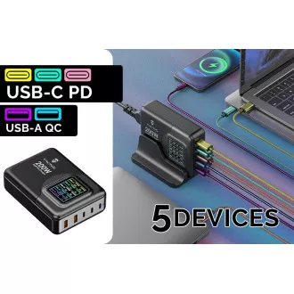 Încărcător USB GaN Viking 200W PD PRO/adaptor de alimentare/Ieșire: 3xUSB-C, 2xUSB-A/Încărcare rapidă/