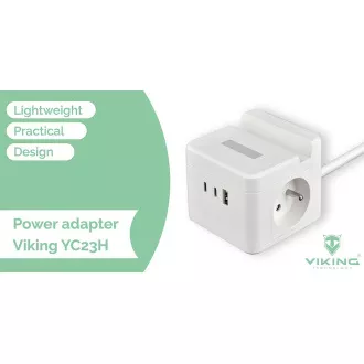 Adaptor de alimentare VIKING YC23H, negru/Ieșire: 2xAC, 1xUSB-A, 2xUSB-C/suport telefon mobil/lumină LED/cablu 1,4 m