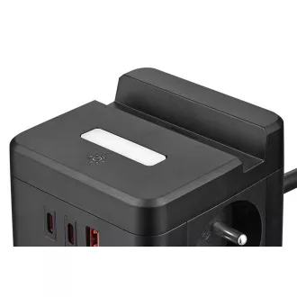 Adaptor de alimentare VIKING YC23H, negru/Ieșire: 2xAC, 1xUSB-A, 2xUSB-C/suport telefon mobil/lumină LED/cablu 1,4 m