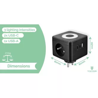 Adaptor de alimentare VIKING Y23L, alb/Ieșire: 2xAC, 1xUSB-A, 2xUSB-C/lumină LED tactilă