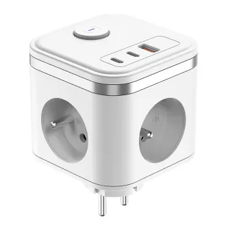 Adaptor de alimentare VIKING Y33, alb/Ieșire: 3xAC, 1xUSB-A, 2xUSB-C/Buton ON/OFF