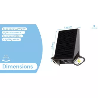 Lampă solară LED de exterior Viking SR39/Senzor de mișcare/800 lm/IP44/4 moduri/alb zi