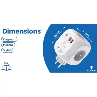 Adaptor de alimentare Viking AC43/Ieșire: 4xAC, 2xUSB-A, 1xUSB-C/alimentare până la 3500W/buton ON/OFF
