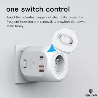 Adaptor de alimentare Viking AC43/Ieșire: 4xAC, 2xUSB-A, 1xUSB-C/alimentare până la 3500W/buton ON/OFF