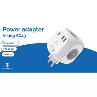Adaptor de alimentare Viking AC43/Ieșire: 4xAC, 2xUSB-A, 1xUSB-C/alimentare până la 3500W/buton ON/OFF