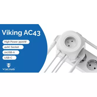 Adaptor de alimentare Viking AC43/Ieșire: 4xAC, 2xUSB-A, 1xUSB-C/alimentare până la 3500W/buton ON/OFF