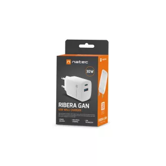 Încărcător universal USB Natec RIBERA GaN 30W, 1X USB-A, 1X USB-C, alb