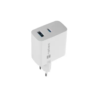 Încărcător universal USB Natec RIBERA GaN 45W, 1X USB-A, 1X USB-C, alb