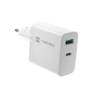 Încărcător universal USB Natec RIBERA GaN 45W, 1X USB-A, 1X USB-C, alb