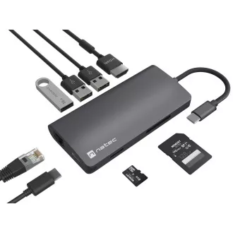 Adaptor multiport Natec FOWLER 2 3X HUB USB 3.0, HDMI 4K, USB-C, RJ45, SD, MICRO SD
