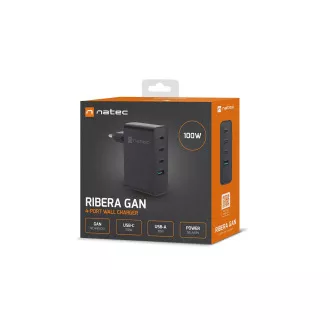 Încărcător USB universal Natec GaN 100W, 3X USB-C, 1X USB-A, Negru