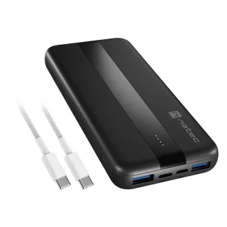 Baterie externă Natec TREVI SLIM Q V2 10000mAh, 2X USB-A 18W, 1X USB-C 20W, cablu USB-C - USB0-C, negru