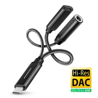 AXAGON ADA-HCPD, USB-C la mufă de 3,5 mm - Adaptor audio DAC de înaltă rezoluție, 384 kHz/32 biți, stereo, PD 60W 3A