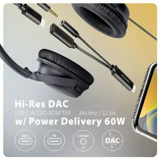 AXAGON ADA-HCPD, USB-C la mufă de 3,5 mm - Adaptor audio DAC de înaltă rezoluție, 384 kHz/32 biți, stereo, PD 60W 3A