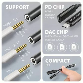 AXAGON ADA-HCPD, USB-C la mufă de 3,5 mm - Adaptor audio DAC de înaltă rezoluție, 384 kHz/32 biți, stereo, PD 60W 3A