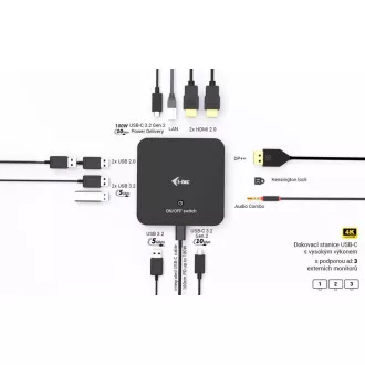 Stație de andocare i-tec USB-C DP cu HDMI dual, alimentare 100W