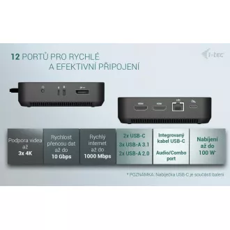Stație de andocare i-tec USB-C DP Dual HDMI, alimentare 100W + încărcător universal i-tec 100W
