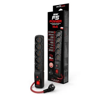 Acar F5 cablu de 1,5 m, 5 prize, protecție împotriva supratensiunilor, curent max. 16A, negru Acar F5 cablu de 1,5 m, 5 prize, protecție împotriva supratensiunilor, curent max. 16A, negru