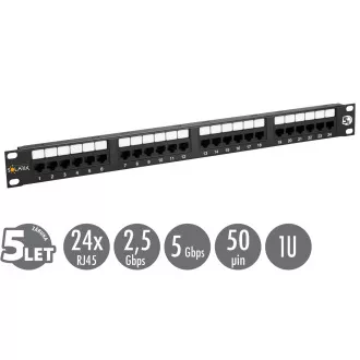 Panou de patch-uri Solarix 19" 24 x RJ45 CAT5E UTP 150 MHz negru 1U SX24-5E-UTP-BK