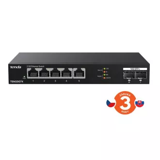 Tenda TEM2007X - Comutator multi-gigabit, 5x 2.5G RJ45 + 2x porturi 10G SFP+, MAC 16K, protecție 6kV Tenda TEM2007X - Comutator multi-gigabit, 5x 2.5G RJ45 + 2x porturi 10G SFP+, MAC 16K, protecție 6kV