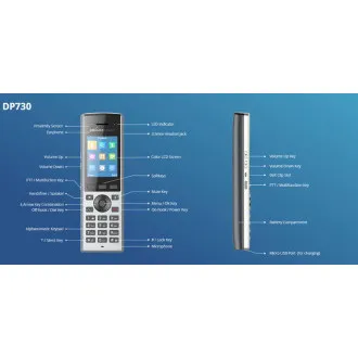 Telefon IP Grandstream DP730, afișaj tip bară de 2,4", cont 2SIP, video, BT, Micro USB, HAC, Push-to-talk