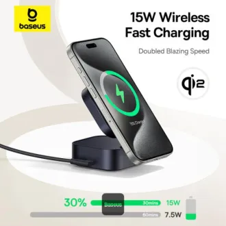 Suport de încărcare wireless magnetic Baseus PicoGo Series 2 în 1 Qi2 67W Negru