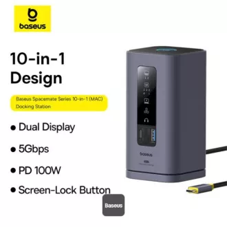Stație de andocare Baseus Spacemate 10v1 (USB-C PD 100W, USB-C, 2x USB-A, 2x HDMI) gri