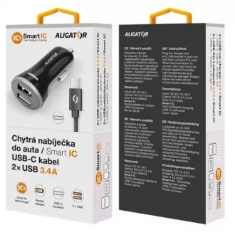 ALIGATOR Încărcător auto inteligent 3.4A, 2xUSB, smart IC, negru, cablu USB-C ALIGATOR Încărcător auto inteligent 3.4A, 2xUSB, smart IC, negru, cablu USB-C