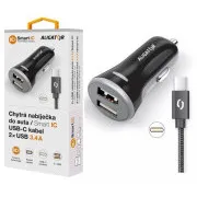 ALIGATOR Încărcător auto inteligent 3.4A, 2xUSB, smart IC, negru, cablu USB-C