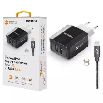 Încărcător de rețea inteligent ALIGATOR 3.4A, 2xUSB, smart IC, negru, cablu pentru iPhone/iPad 2A