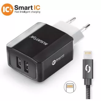 Încărcător de rețea inteligent ALIGATOR 3.4A, 2xUSB, smart IC, negru, cablu pentru iPhone/iPad 2A