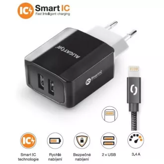 Încărcător de rețea inteligent ALIGATOR 3.4A, 2xUSB, smart IC, negru, cablu pentru iPhone/iPad 2A