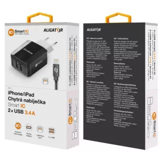 Încărcător de rețea inteligent ALIGATOR 3.4A, 2xUSB, smart IC, negru, cablu pentru iPhone/iPad 2A
