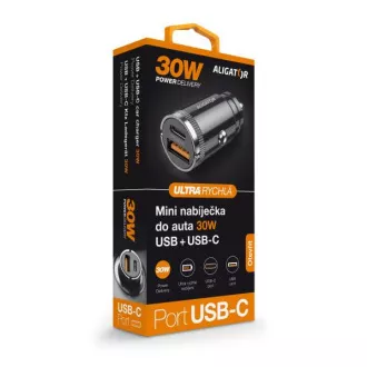 Mini încărcător auto Aligator Power Delivery 30W, USB-C + USB-A Mini încărcător auto Aligator Power Delivery 30W, USB-C + USB-A