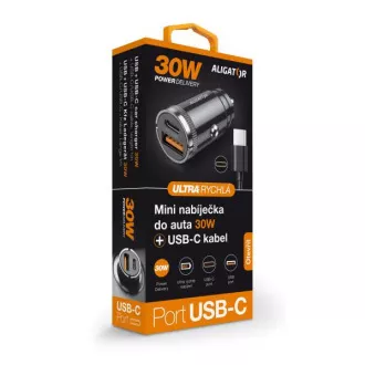 Mini încărcător auto Aligator Power Delivery 30W, USB-C + USB-A, cablu USB-C/USB-C Mini încărcător auto Aligator Power Delivery 30W, USB-C + USB-A, cablu USB-C/USB-C
