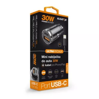 Mini încărcător auto Aligator Power Delivery 30W, USB-C + USB-A, cablu USB-C pentru iPhone/iPad Mini încărcător auto Aligator Power Delivery 30W, USB-C + USB-A, cablu USB-C pentru iPhone/iPad