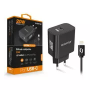 Încărcător de rețea inteligent ALIGATOR Power Delivery 20W, cablu USB-C pentru iPhone/iPad, negru