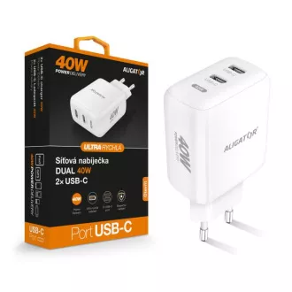 Încărcător de rețea inteligent ALIGATOR Power Delivery 40W, 2xUSB-C, alb