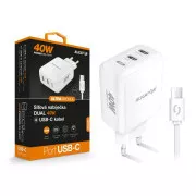 Încărcător de rețea inteligent ALIGATOR Power Delivery 40W, 2xUSB-C, cablu USB-C/USB-C, alb