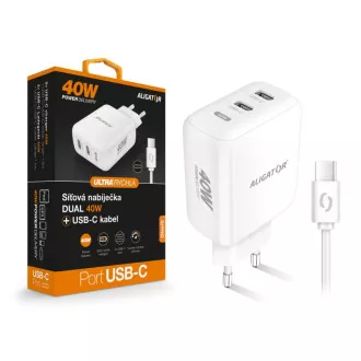 Încărcător de rețea inteligent ALIGATOR Power Delivery 40W, 2xUSB-C, cablu USB-C/USB-C, alb