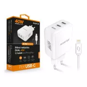 Încărcător de rețea inteligent ALIGATOR Power Delivery 40W, 2xUSB-C, cablu USB-C pentru iPhone/iPad, alb