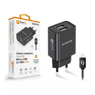 Încărcător de rețea inteligent ALIGATOR 2.4A, 2xUSB, smart IC, negru, cablu micro USB