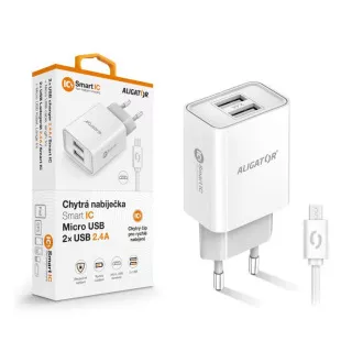 Încărcător de rețea inteligent ALIGATOR 2.4A, 2xUSB, smart IC, alb, cablu micro USB