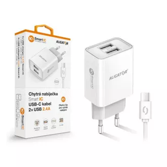 Încărcător de rețea inteligent ALIGATOR 2.4A, 2xUSB, smart IC, alb, cablu USB-C