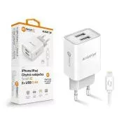 Încărcător de rețea inteligent ALIGATOR 2.4A, 2xUSB, smart IC, alb, cablu USB pentru iPhone/iPad