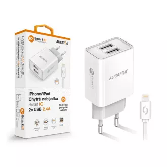Încărcător de rețea inteligent ALIGATOR 2.4A, 2xUSB, smart IC, alb, cablu USB pentru iPhone/iPad