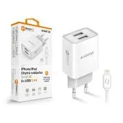 Încărcător de rețea inteligent ALIGATOR 2.4A, 2xUSB, smart IC, alb, cablu USB pentru iPhone/iPad