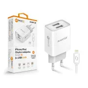 Încărcător de rețea inteligent ALIGATOR 2.4A, 2xUSB, smart IC, alb, cablu USB pentru iPhone/iPad
