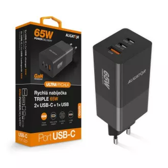 Încărcător Aligator PD65W, 2USB-C, 1xUSB-A, negru