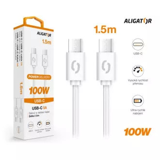 Cablu de date ALIGATOR POWER 100W, USB-C/USB-C 5A, 1,5m alb